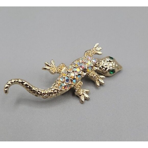 Vintage Gecko Lizard Brooch Pins Aurora Boreal Rhinestones Gold Tone Green Eyes - Picture 3 of 9